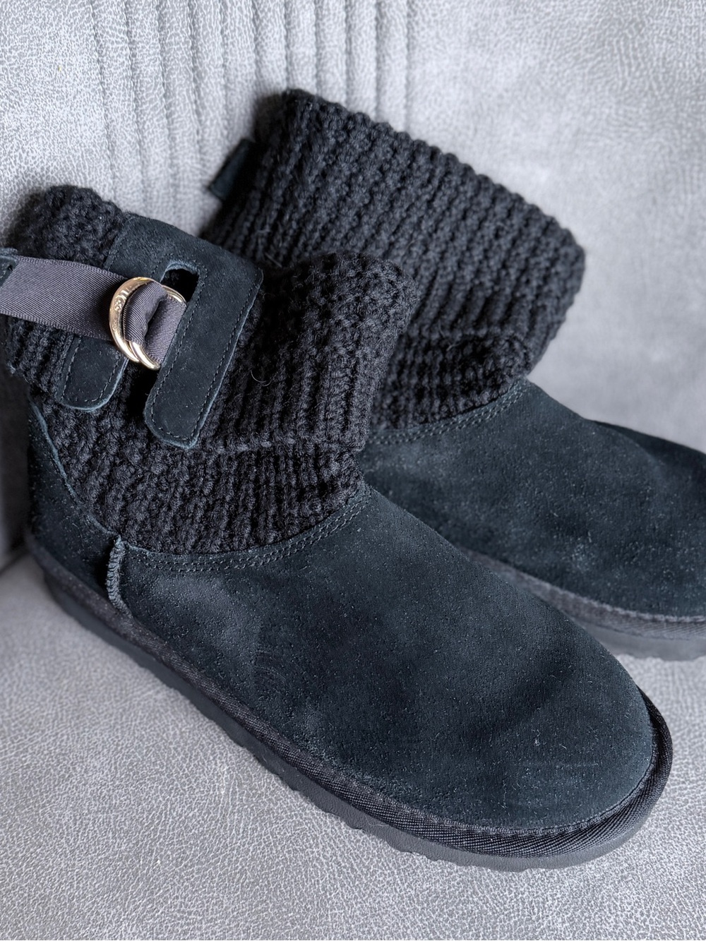 UGG Black Suede Knit Cuff Ankle Boots with Ring Strap